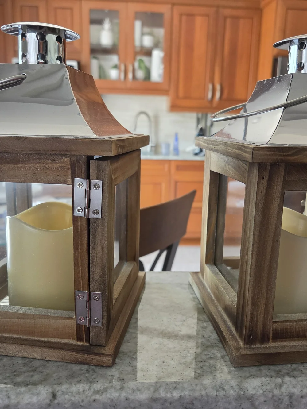 Rustic Wood Lantern Pair with Cream LED Candles